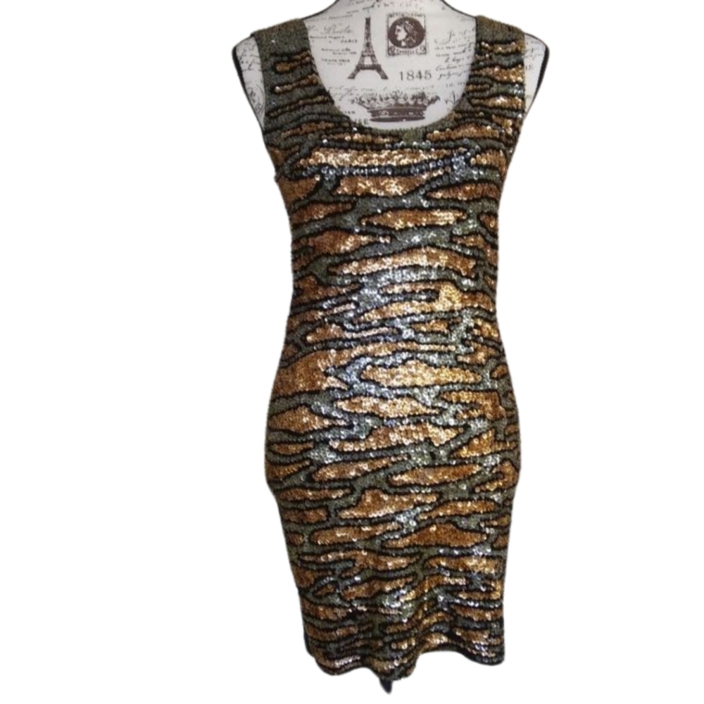 Ultra Tiger Patterned Sequin Dress Size S Black Contrast Back Handmade In Bali